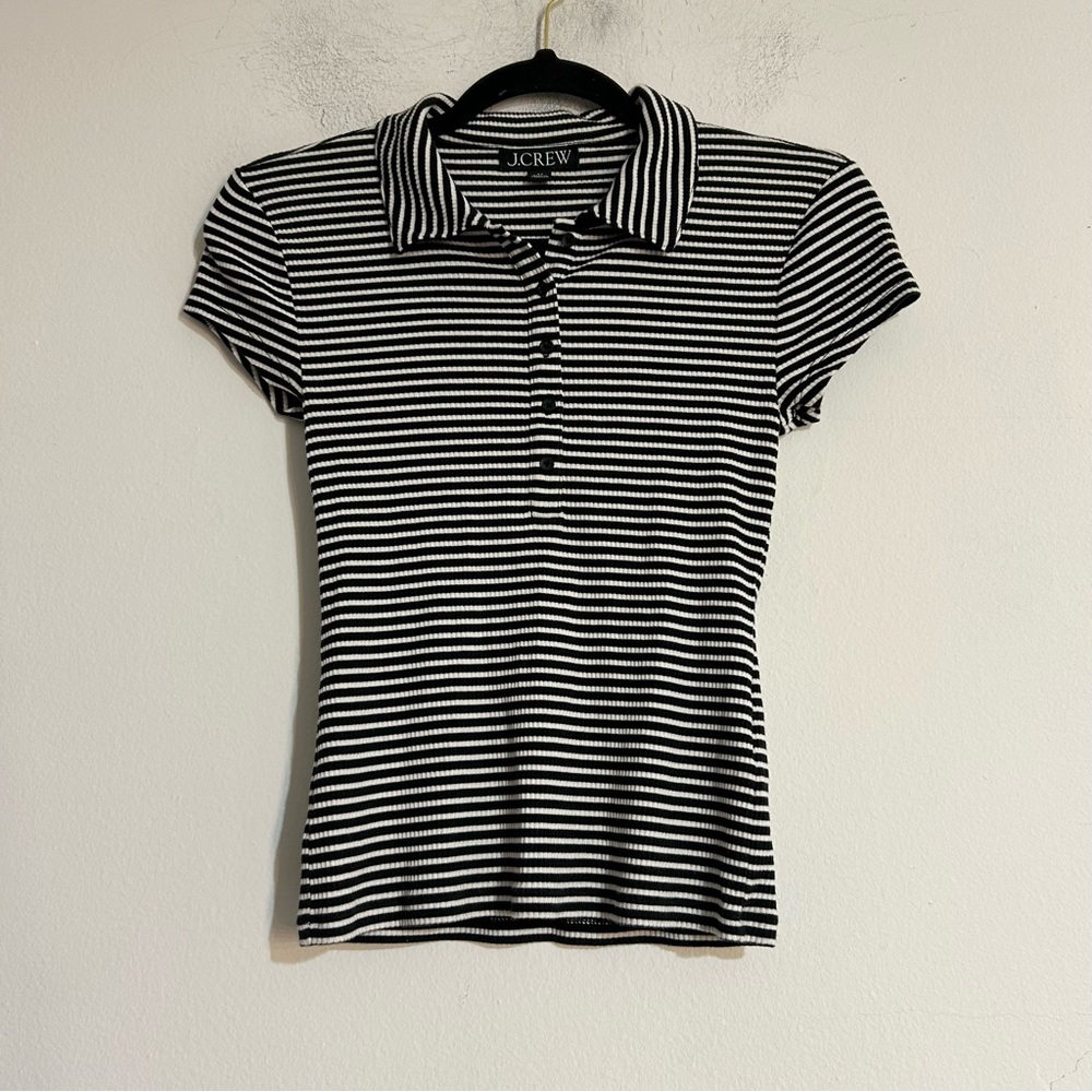 J. Crew Cropped Henley Ribbed Striped Polo Short Sleeve Top XS Preppy Casual